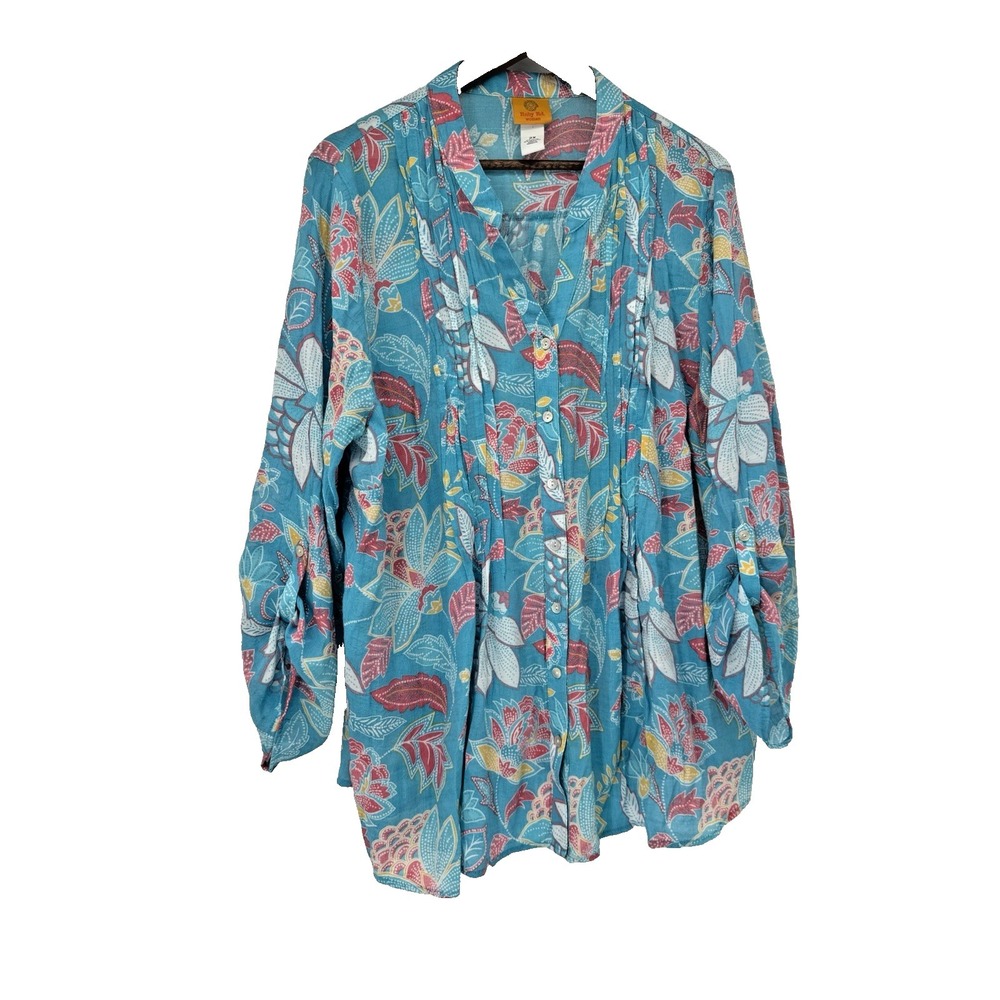 Ruby Rd.‎ Blue Floral Button Top 3/4 Roll Tap Sleeves Gauzy Beachy 2X tropical